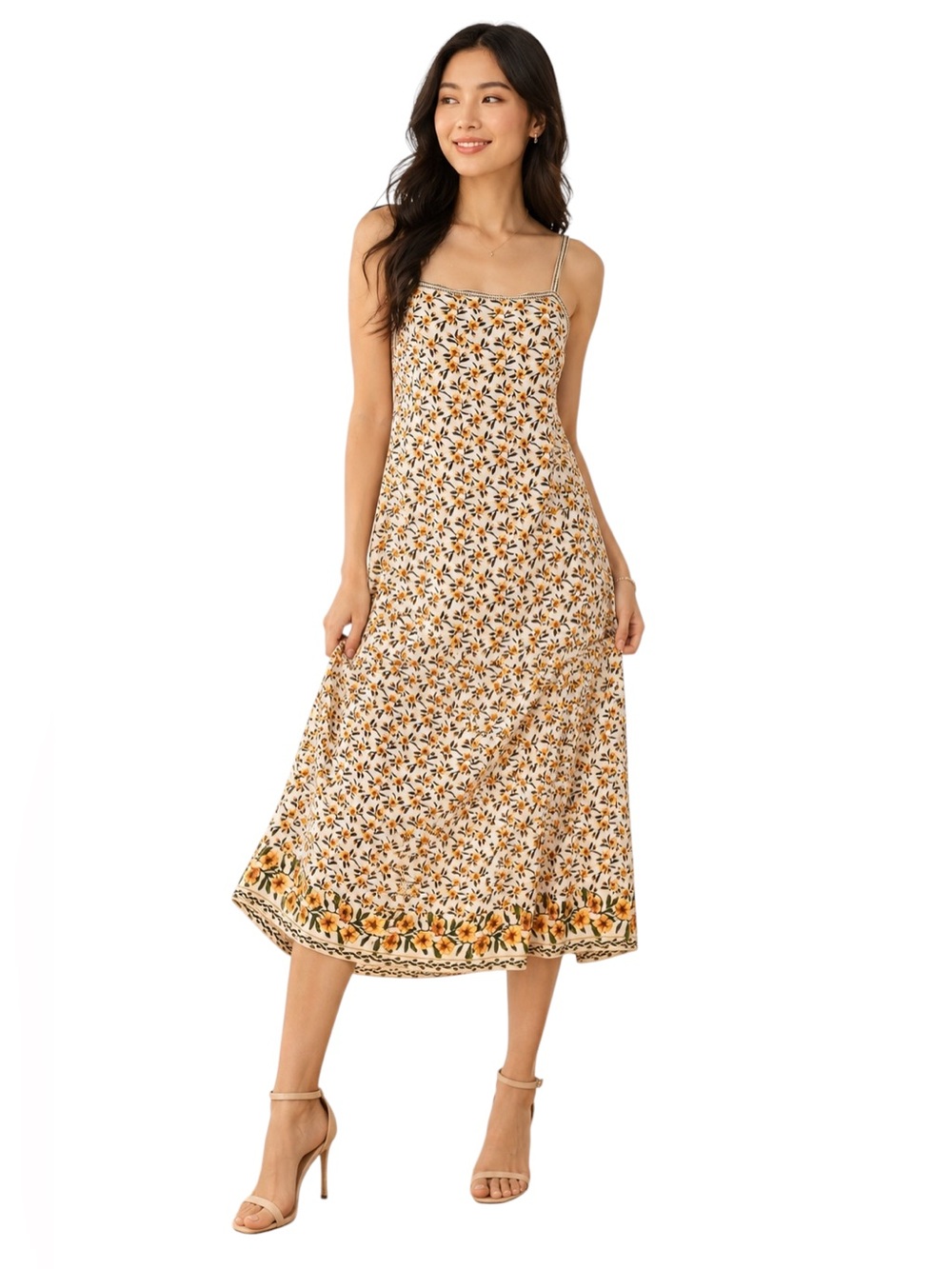 MAX STUDIO LONDON Floral Midi Dress Ivory Yellow Medium NWT